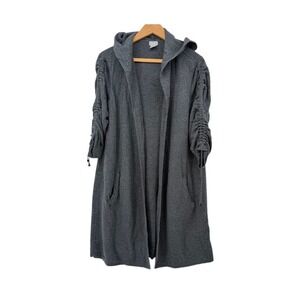 Chicos Cardigan Sweater Gray Ruched Sleeve Hooded Knit Goblin Core Jacket Sz LG